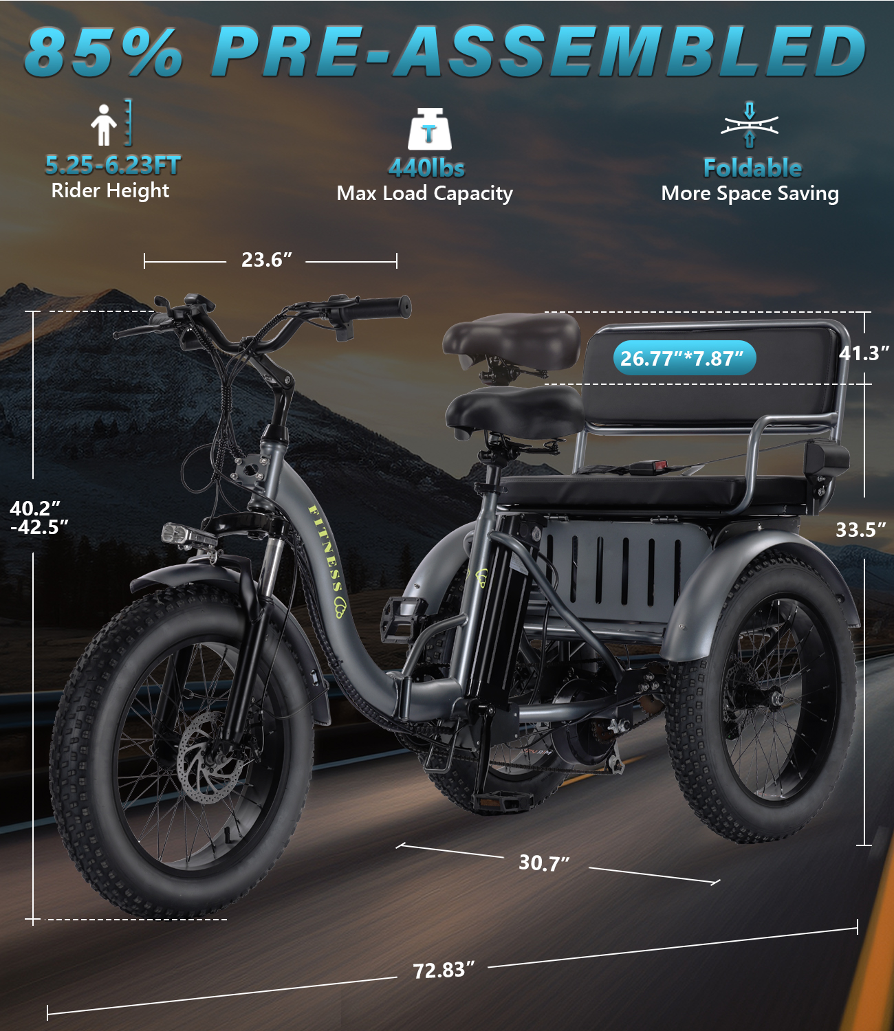 Adult electric tricycle, can take a person electric tricycle,, two-seater electric tricycle, rear-mounted high-speed 500-watt high-power motor, high-carbon steel sturdy body, can be assembled in half an hour, aluminum alloy wheels, shock-absorbing forks, 