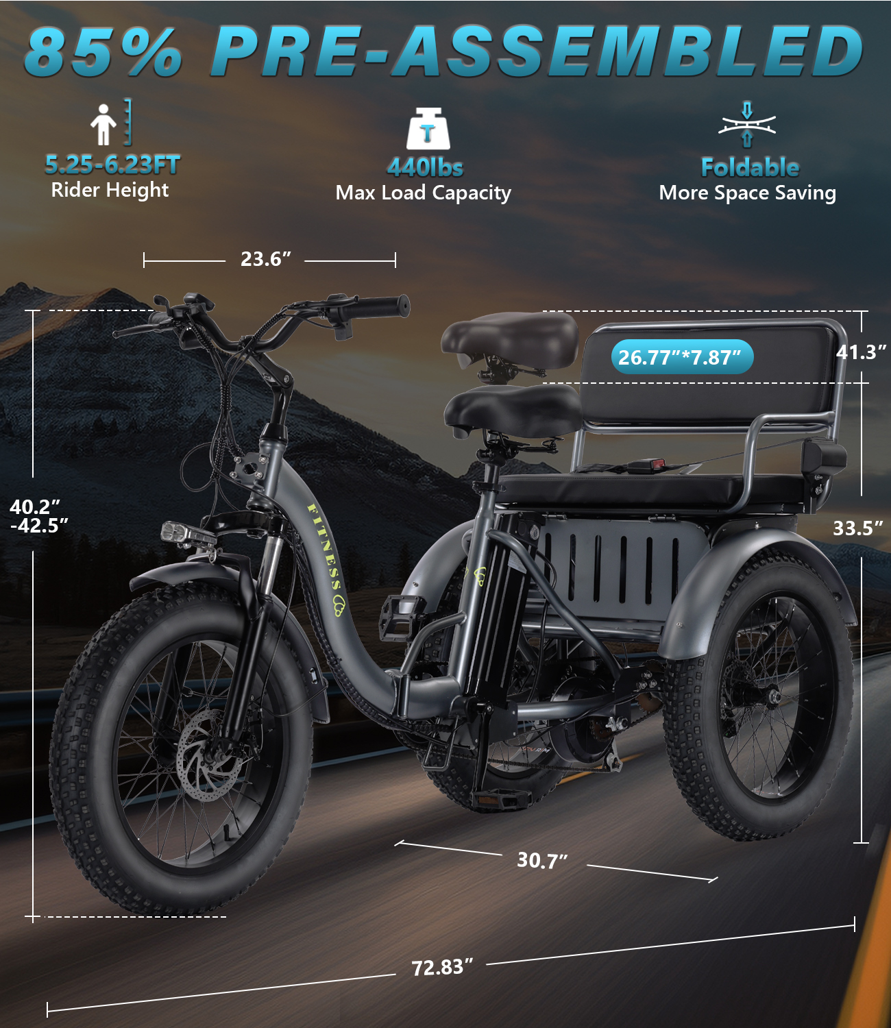 Adult electric tricycle, can take a person electric tricycle,, two-seater electric tricycle, rear-mounted high-speed 500-watt high-power motor, high-carbon steel sturdy body, can be assembled in half an hour, aluminum alloy wheels, shock-absorbing forks, 