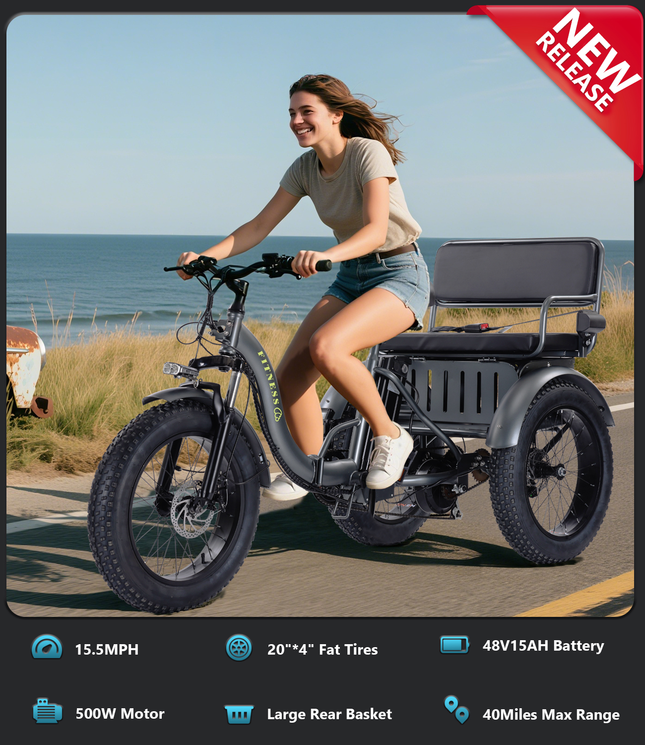 BK-039 Adult Electric Tricycle, 500W motor, 48V 15AH battery, weight capacity 440 lbs, max form range 50 miles, max speed 18 mph， LED display, Two seats