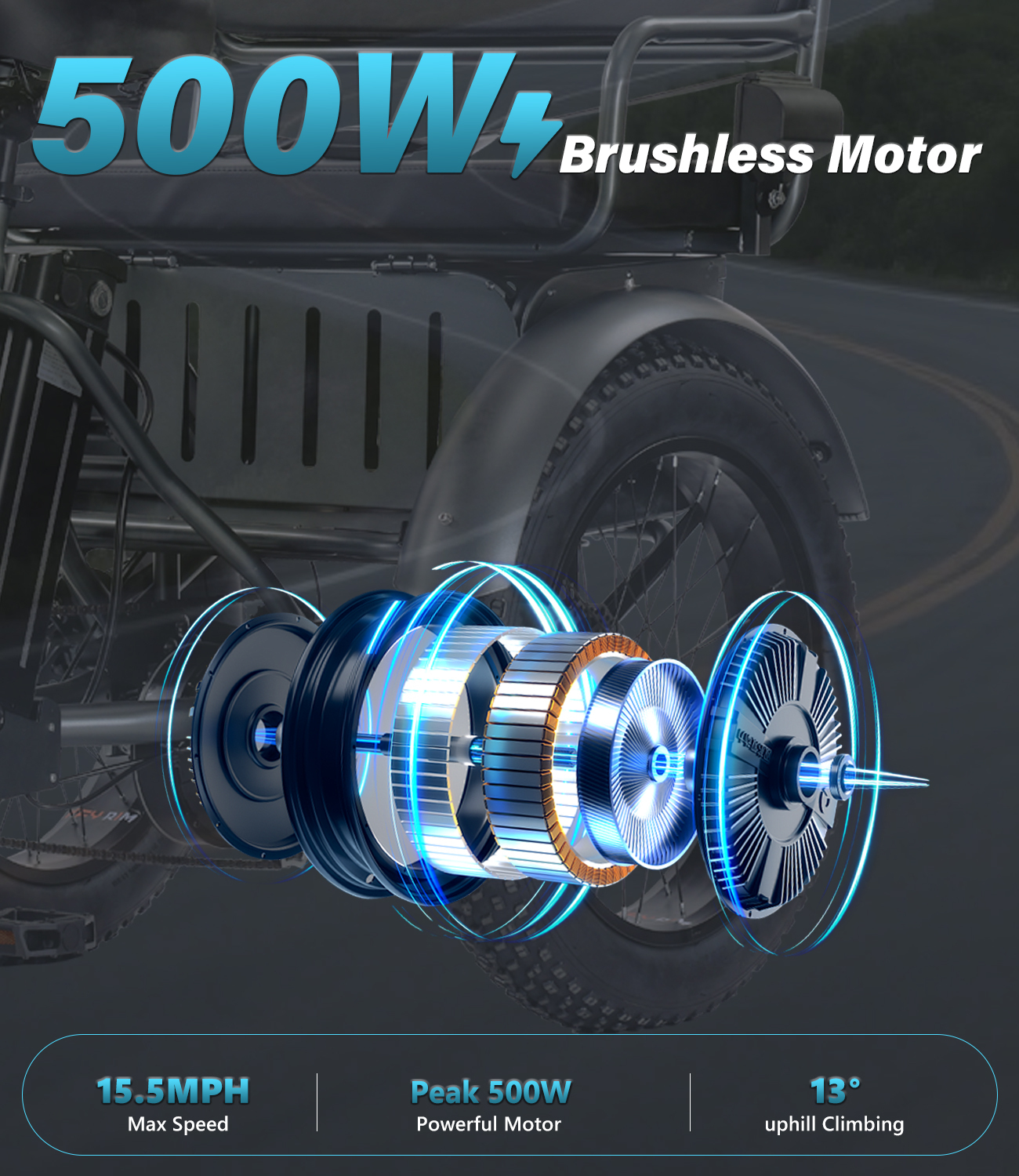 BK-039 Adult Electric Tricycle, 500W motor, 48V 15AH battery, weight capacity 440 lbs, max form range 50 miles, max speed 18 mph， LED display, Two seats