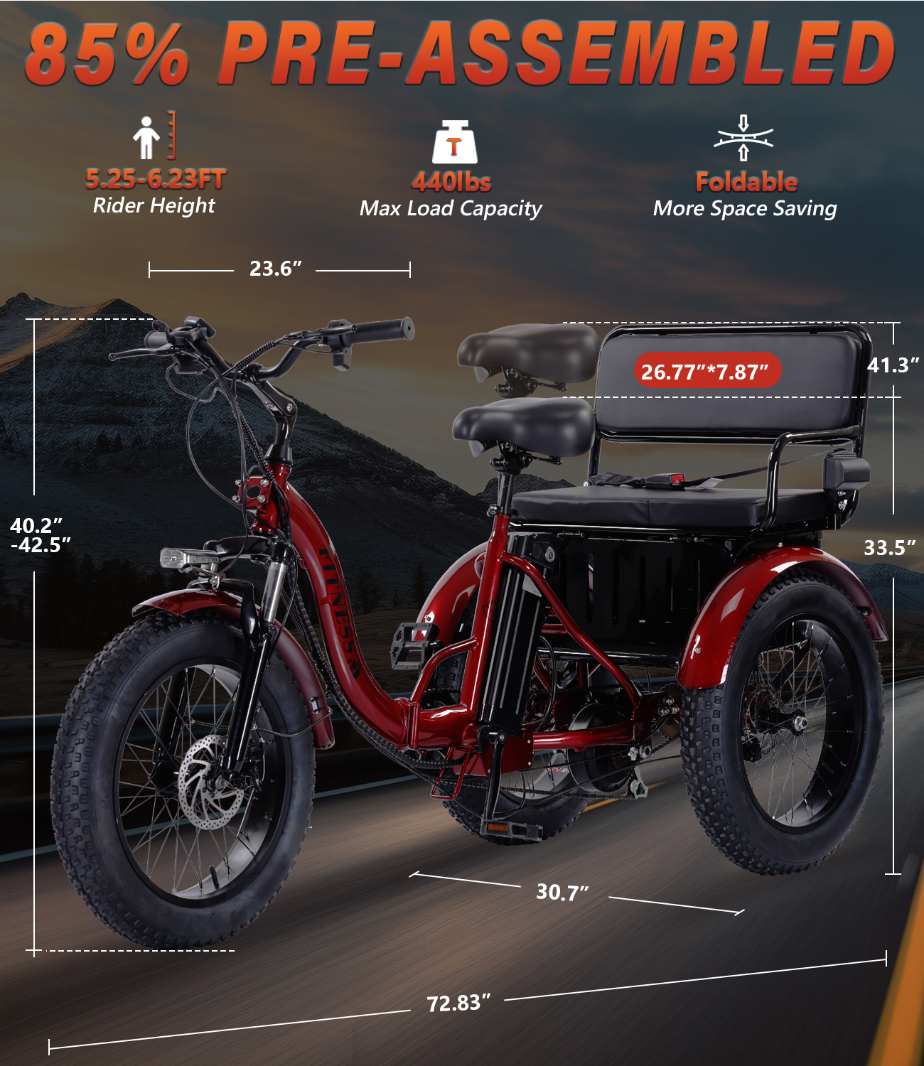 Adult Electric Tricycle, 500W motor, 48V 15AH battery, weight capacity 440 lbs, max form range 50 miles, max speed 18 mph， LED display, Two seats