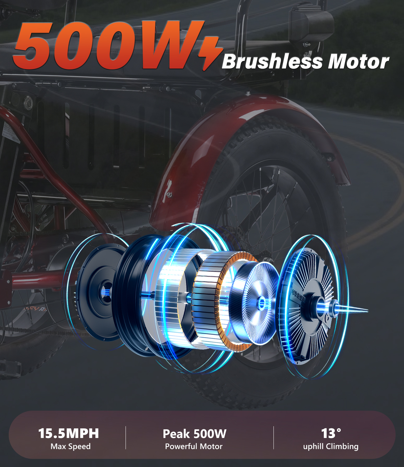 Adult electric tricycle, can take a person electric tricycle,, two-seater electric tricycle, rear-mounted high-speed 500-watt high-power motor, high-carbon steel sturdy body, can be assembled in half an hour, aluminum alloy wheels, shock-absorbing forks, 