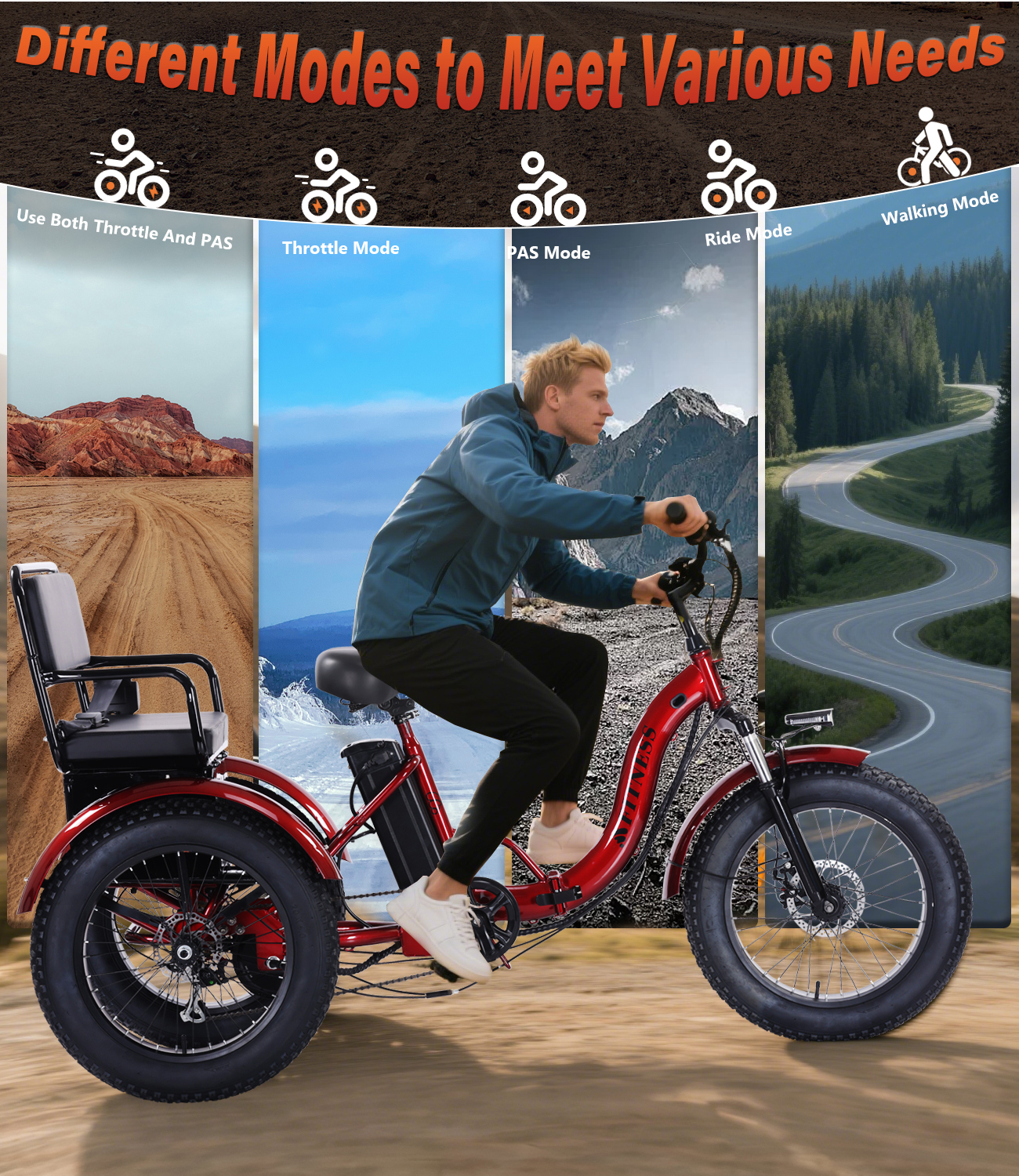 Adult Electric Tricycle, 500W motor, 48V 15AH battery, weight capacity 440 lbs, max form range 50 miles, max speed 18 mph， LED display, Two seats