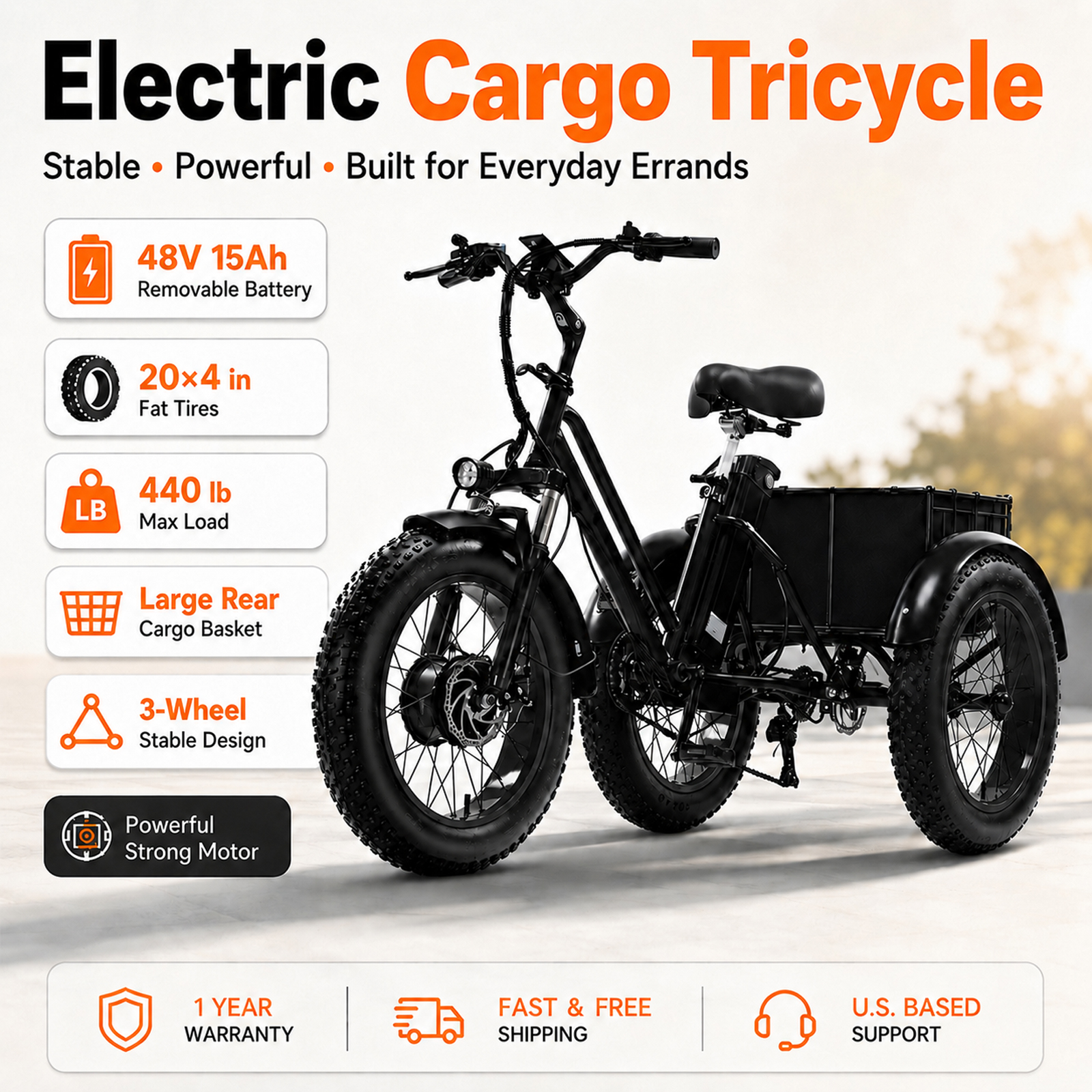 NOMIGO Electric Tricycle for Adults, 500W 3 Wheel Electric Bike, 20" x 4" Fat Tires, 48V 15Ah Battery, 7-Speed, Rear Basket, Black