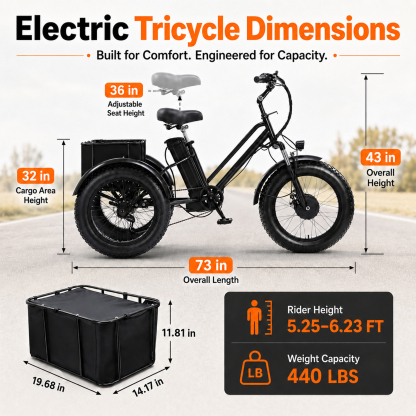 NOMIGO Electric Tricycle for Adults, 500W 3 Wheel Electric Bike, 20" x 4" Fat Tires, 48V 15Ah Battery, 7-Speed, Rear Basket, Black
