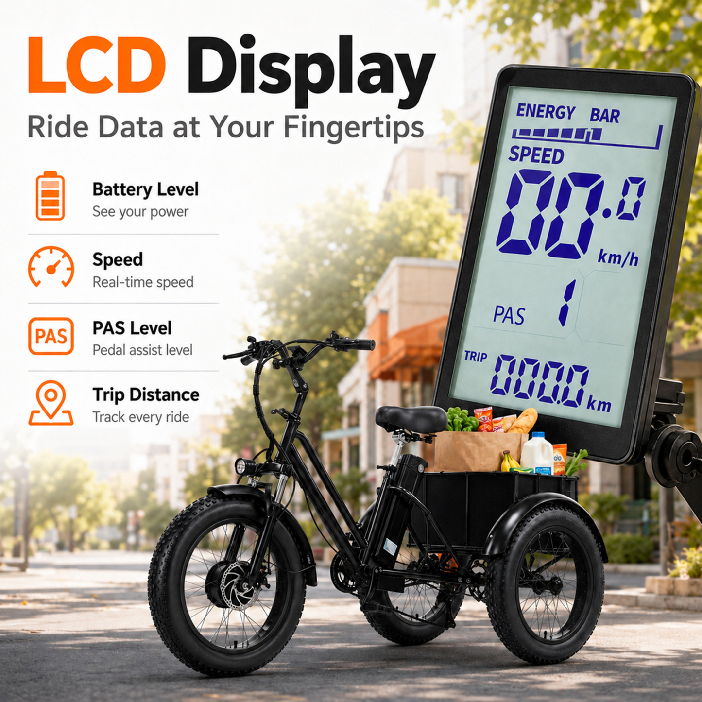 NOMIGO Electric Tricycle for Adults, 500W 3 Wheel Electric Bike, 20" x 4" Fat Tires, 48V 15Ah Battery, 7-Speed, Rear Basket, Black