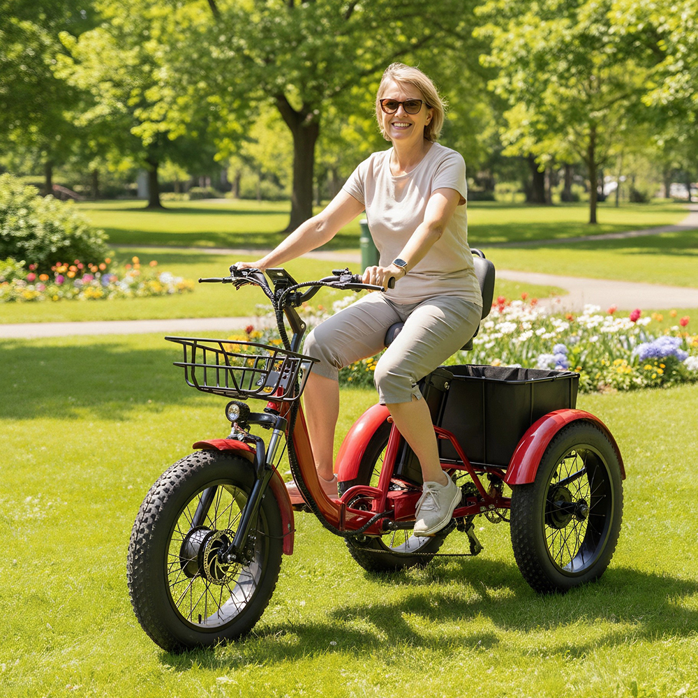 Adult Electric Tricycle, 250W Motor Power, 48V15Ah Lithium Battery, 20 "X4.0" Fat Tire Mobility Scooter, 50 Miles Range, 19km/hour Maximum Speed, 350 Pounds Load Capacity With Large Basket, Best Gift For Parents At Christmas.