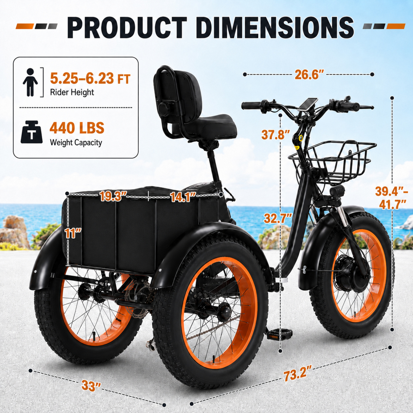 NOMIGO500W Electric Tricycle for Adults with 48V 15Ah Removable Battery, 20" Fat Tires, 7-Speed, Front & Rear Baskets, Comfort Seat with Backrest
