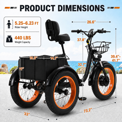 NOMIGO500W Electric Tricycle for Adults with 48V 15Ah Removable Battery, 20" Fat Tires, 7-Speed, Front & Rear Baskets, Comfort Seat with Backrest
