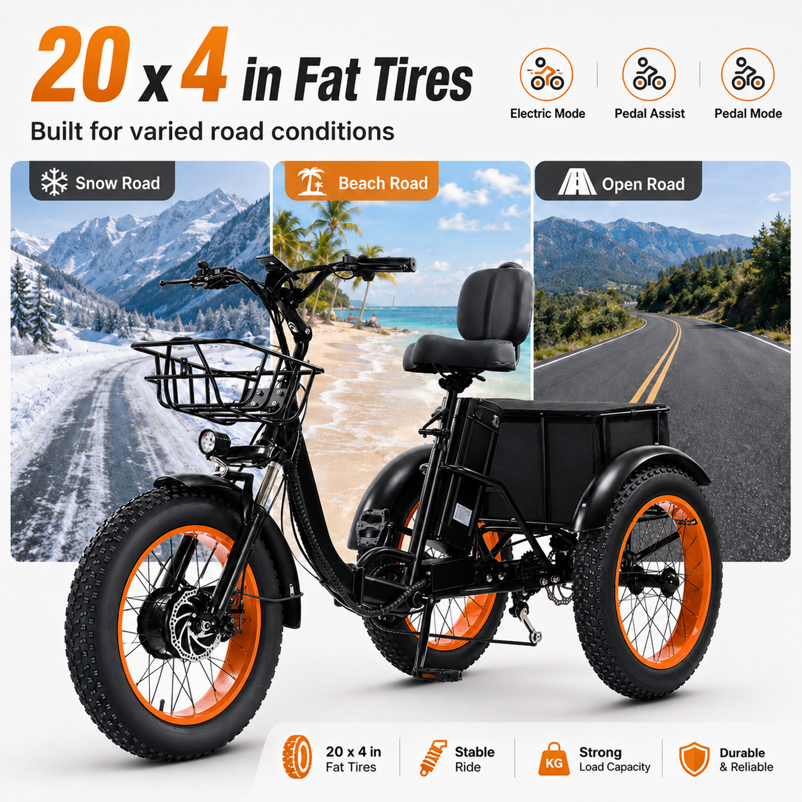 NOMIGO500W Electric Tricycle for Adults with 48V 15Ah Removable Battery, 20" Fat Tires, 7-Speed, Front & Rear Baskets, Comfort Seat with Backrest