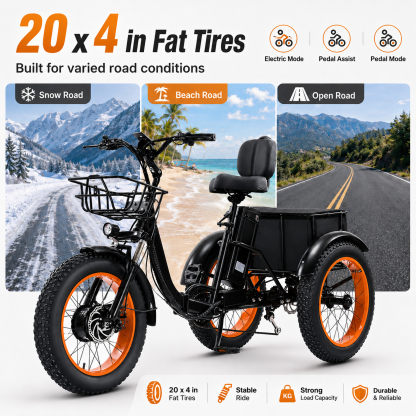 NOMIGO500W Electric Tricycle for Adults with 48V 15Ah Removable Battery, 20" Fat Tires, 7-Speed, Front & Rear Baskets, Comfort Seat with Backrest