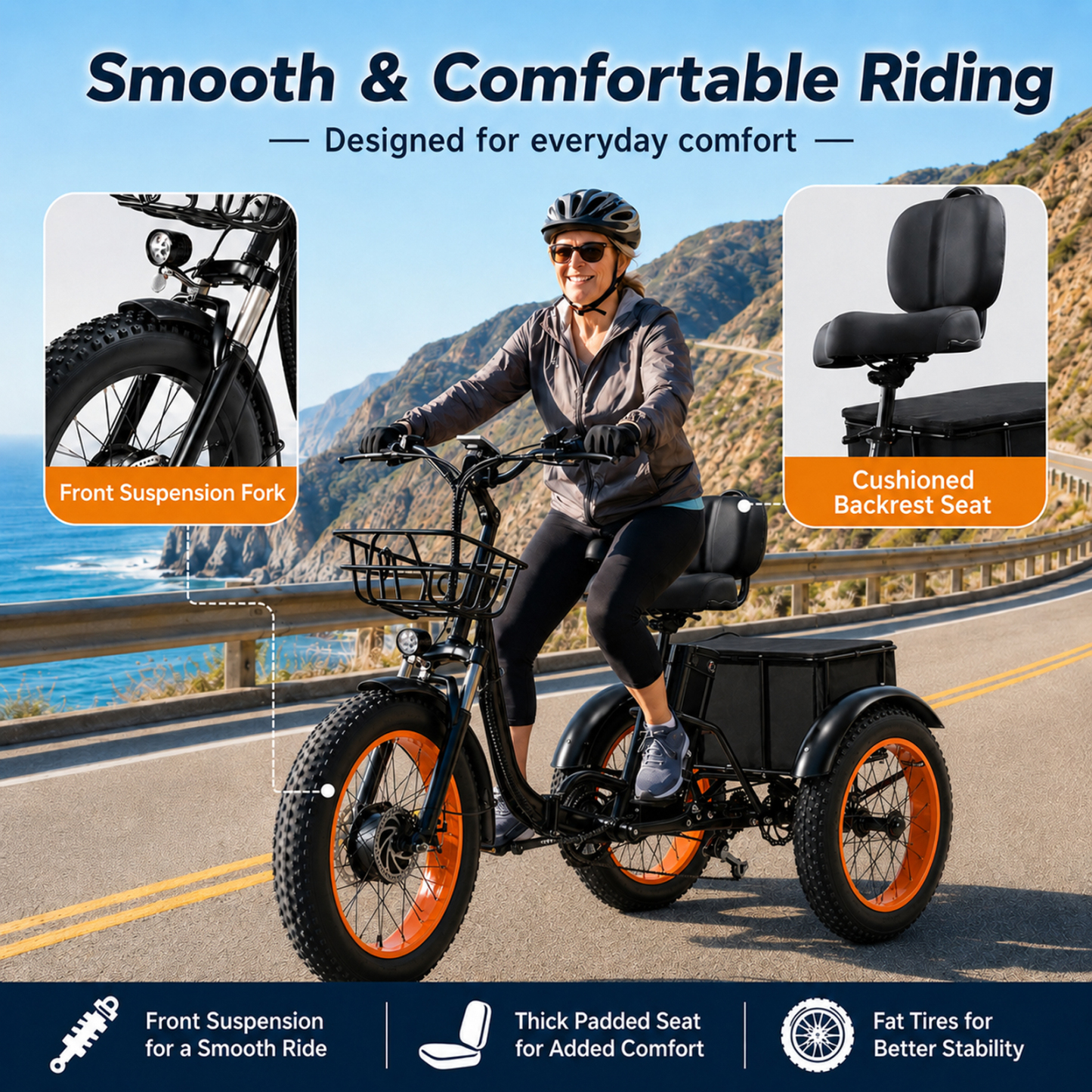 NOMIGO500W Electric Tricycle for Adults with 48V 15Ah Removable Battery, 20" Fat Tires, 7-Speed, Front & Rear Baskets, Comfort Seat with Backrest
