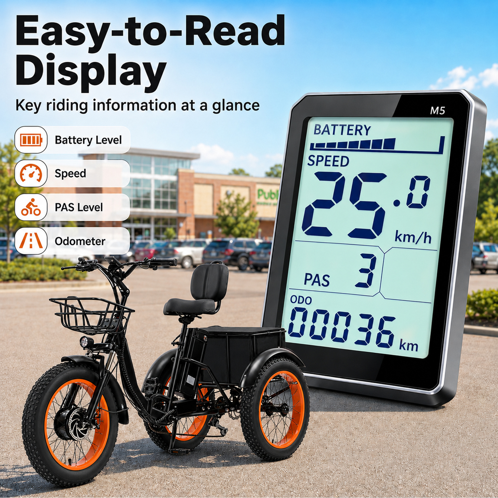 NOMIGO500W Electric Tricycle for Adults with 48V 15Ah Removable Battery, 20" Fat Tires, 7-Speed, Front & Rear Baskets, Comfort Seat with Backrest