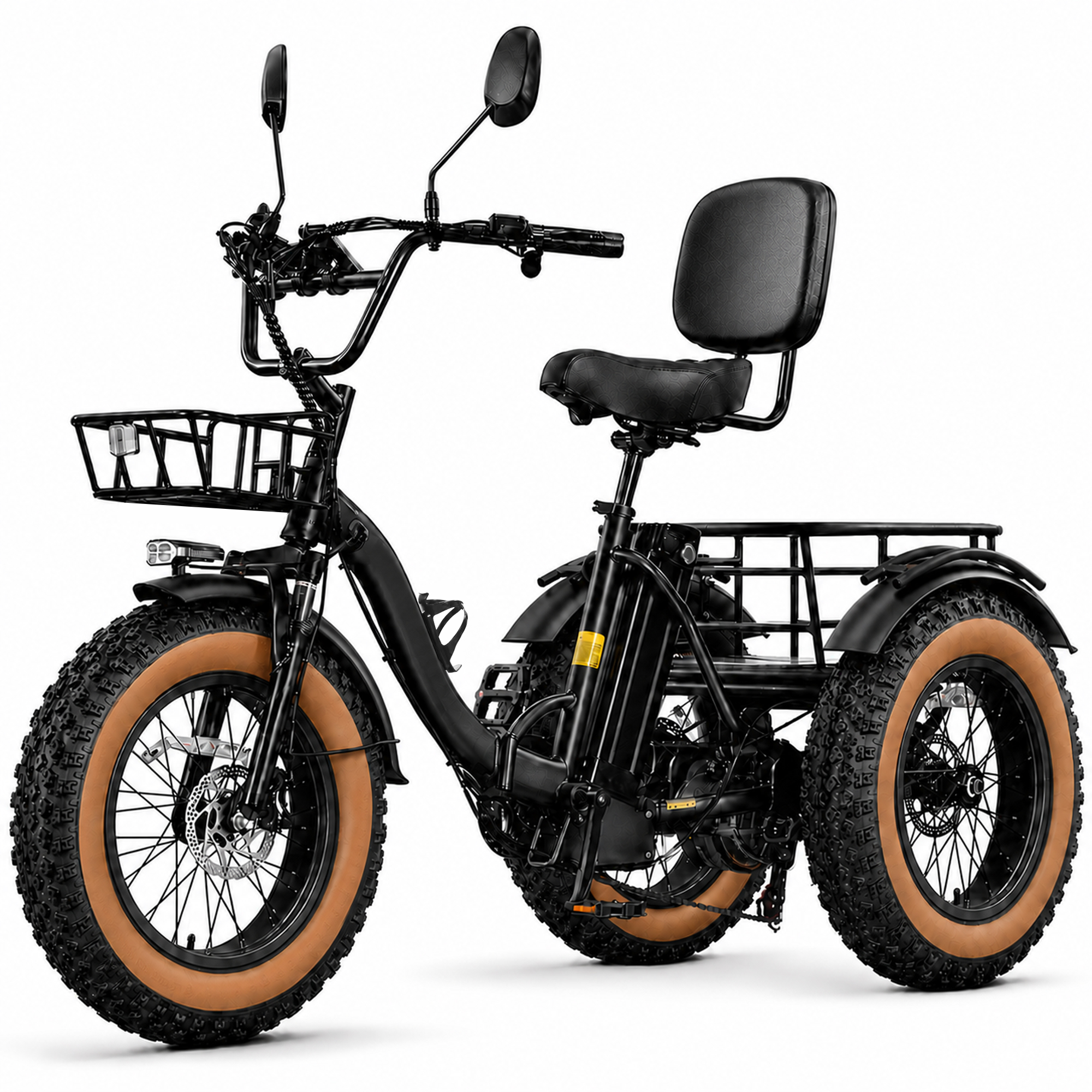 NOMIGO 750W Folding Electric Tricycle for Adults, 20" x 4.0" Fat Tires, 48V 16Ah Lithium Battery, Front Suspension, Front and Rear Baskets, Black