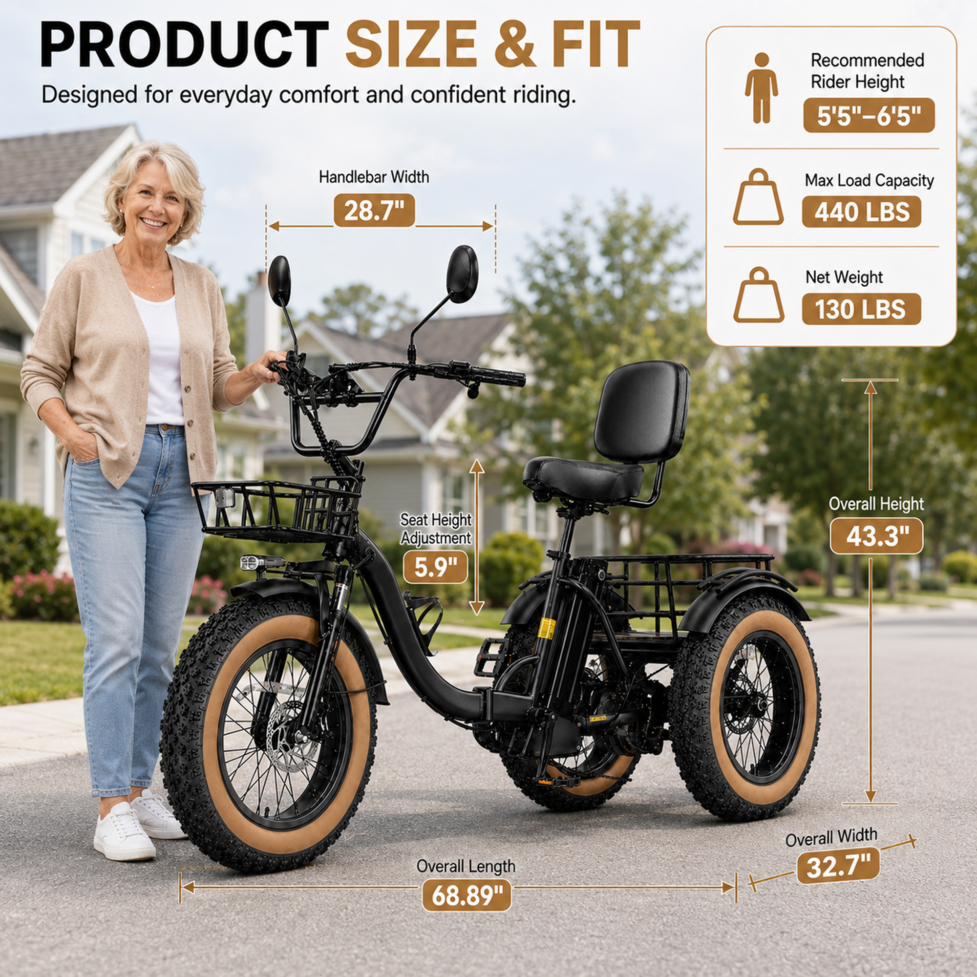NOMIGO 750W Folding Electric Tricycle for Adults, 20" x 4.0" Fat Tires, 48V 16Ah Lithium Battery, Front Suspension, Front and Rear Baskets, Black
