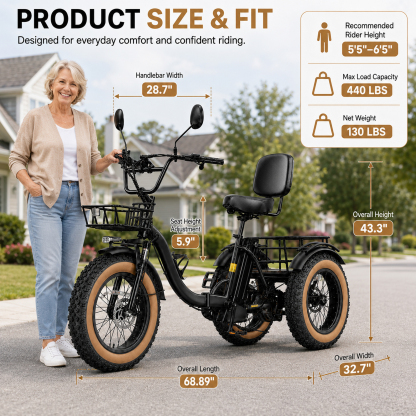 NOMIGO 750W Folding Electric Tricycle for Adults, 20" x 4.0" Fat Tires, 48V 16Ah Lithium Battery, Front Suspension, Front and Rear Baskets, Black