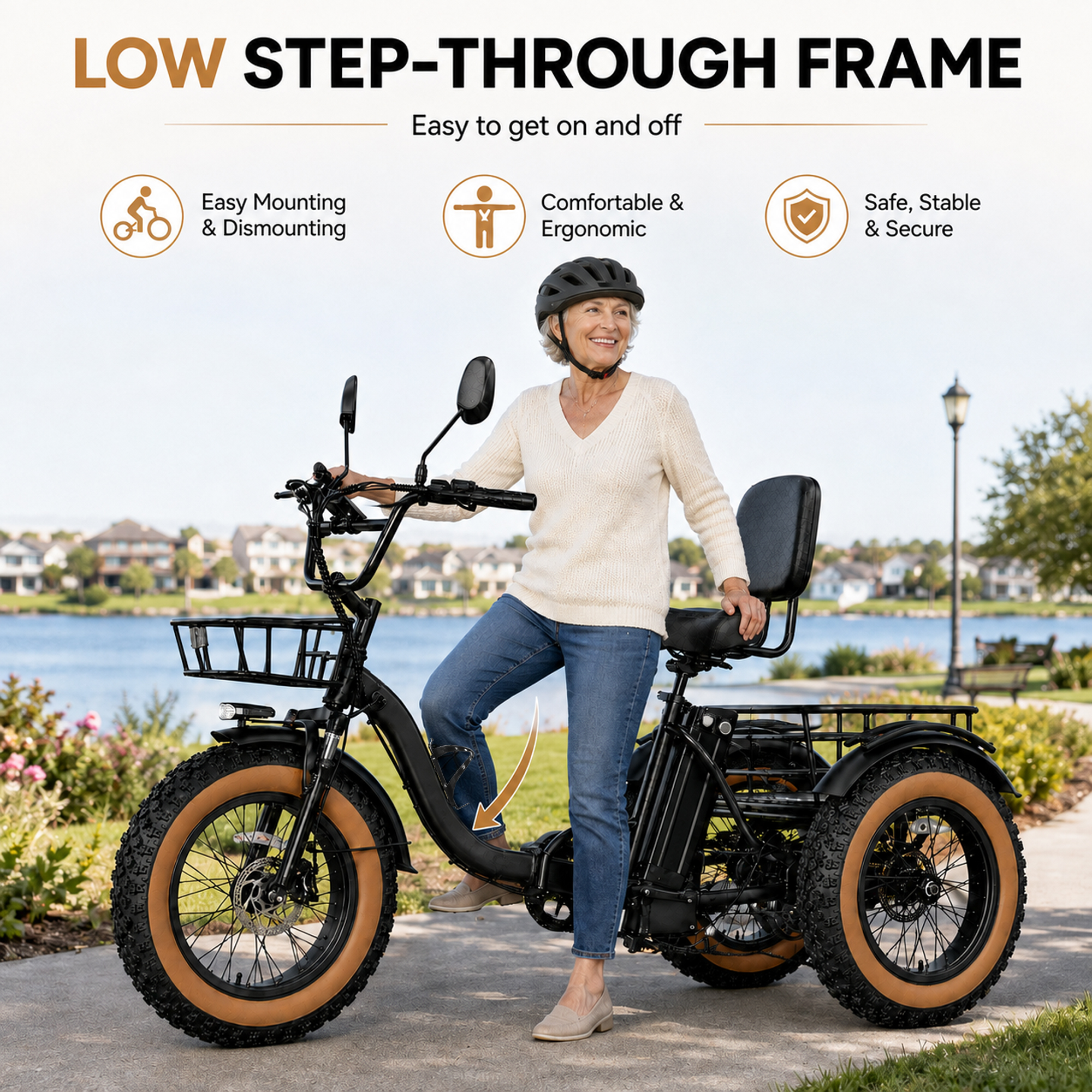 NOMIGO 750W Folding Electric Tricycle for Adults, 20" x 4.0" Fat Tires, 48V 16Ah Lithium Battery, Front Suspension, Front and Rear Baskets, Black