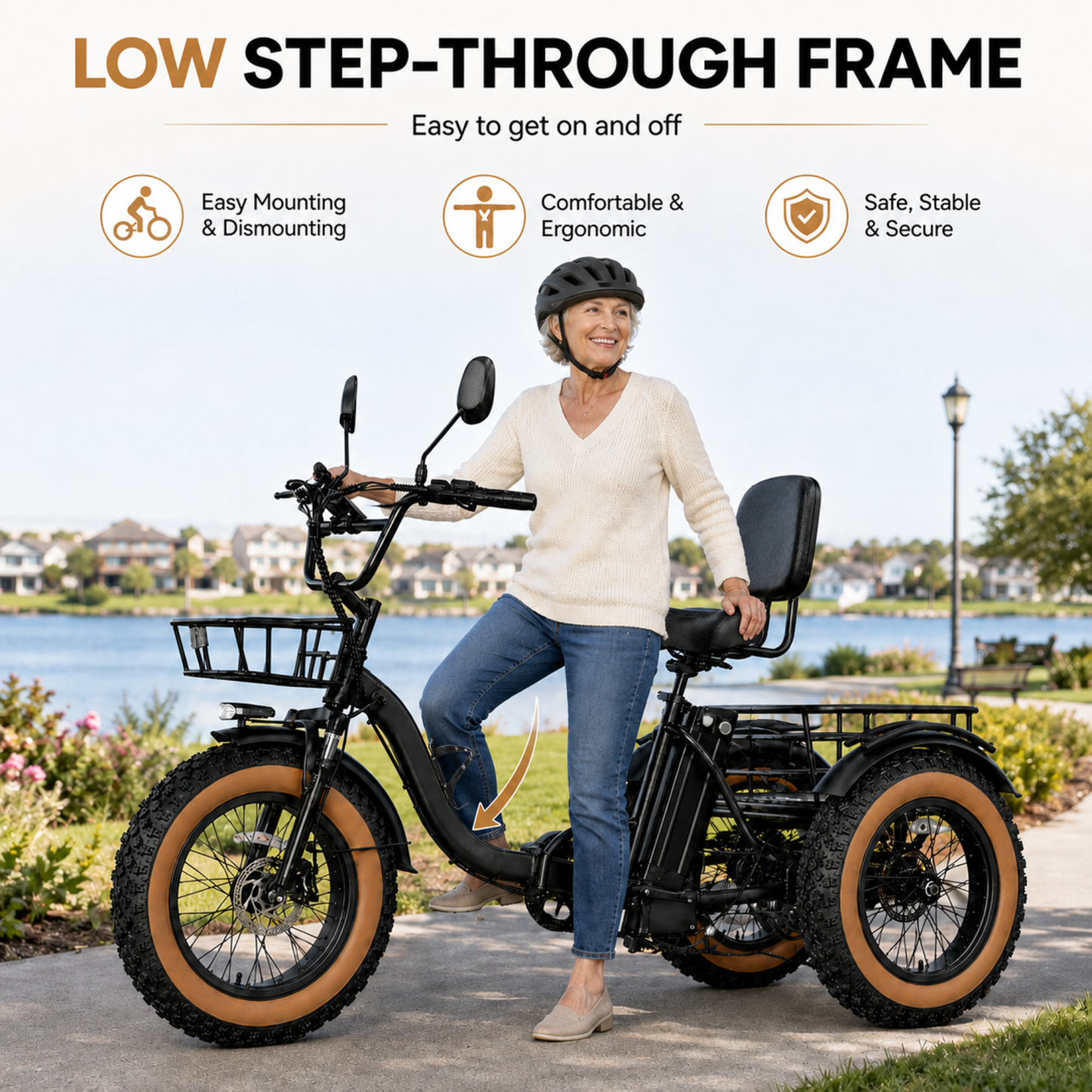 NOMIGO 750W Folding Electric Tricycle for Adults, 20" x 4.0" Fat Tires, 48V 16Ah Lithium Battery, Front Suspension, Front and Rear Baskets, Black