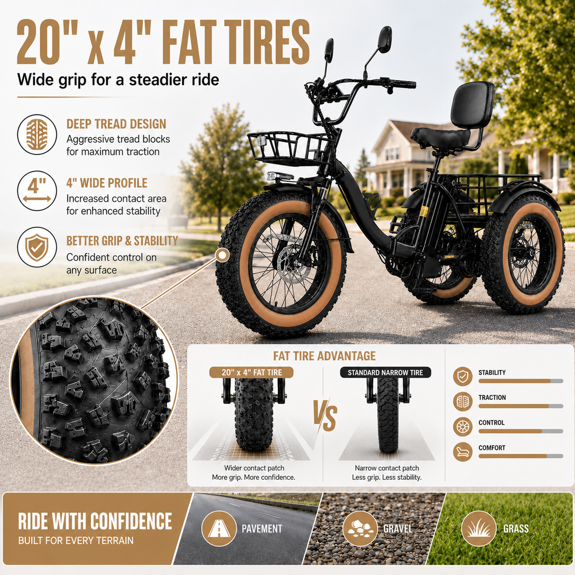 NOMIGO 750W Folding Electric Tricycle for Adults, 20" x 4.0" Fat Tires, 48V 16Ah Lithium Battery, Front Suspension, Front and Rear Baskets, Black