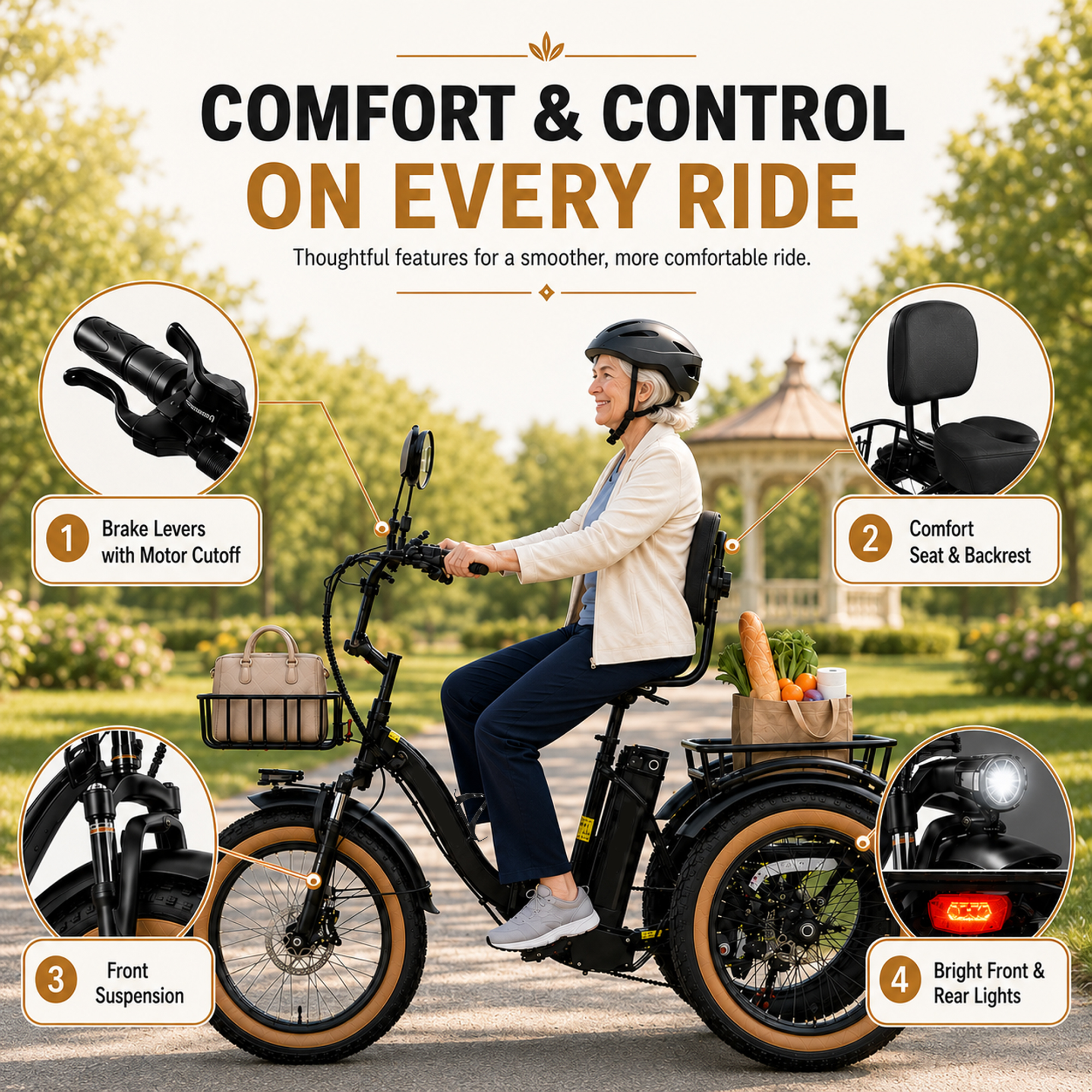 NOMIGO 750W Folding Electric Tricycle for Adults, 20" x 4.0" Fat Tires, 48V 16Ah Lithium Battery, Front Suspension, Front and Rear Baskets, Black