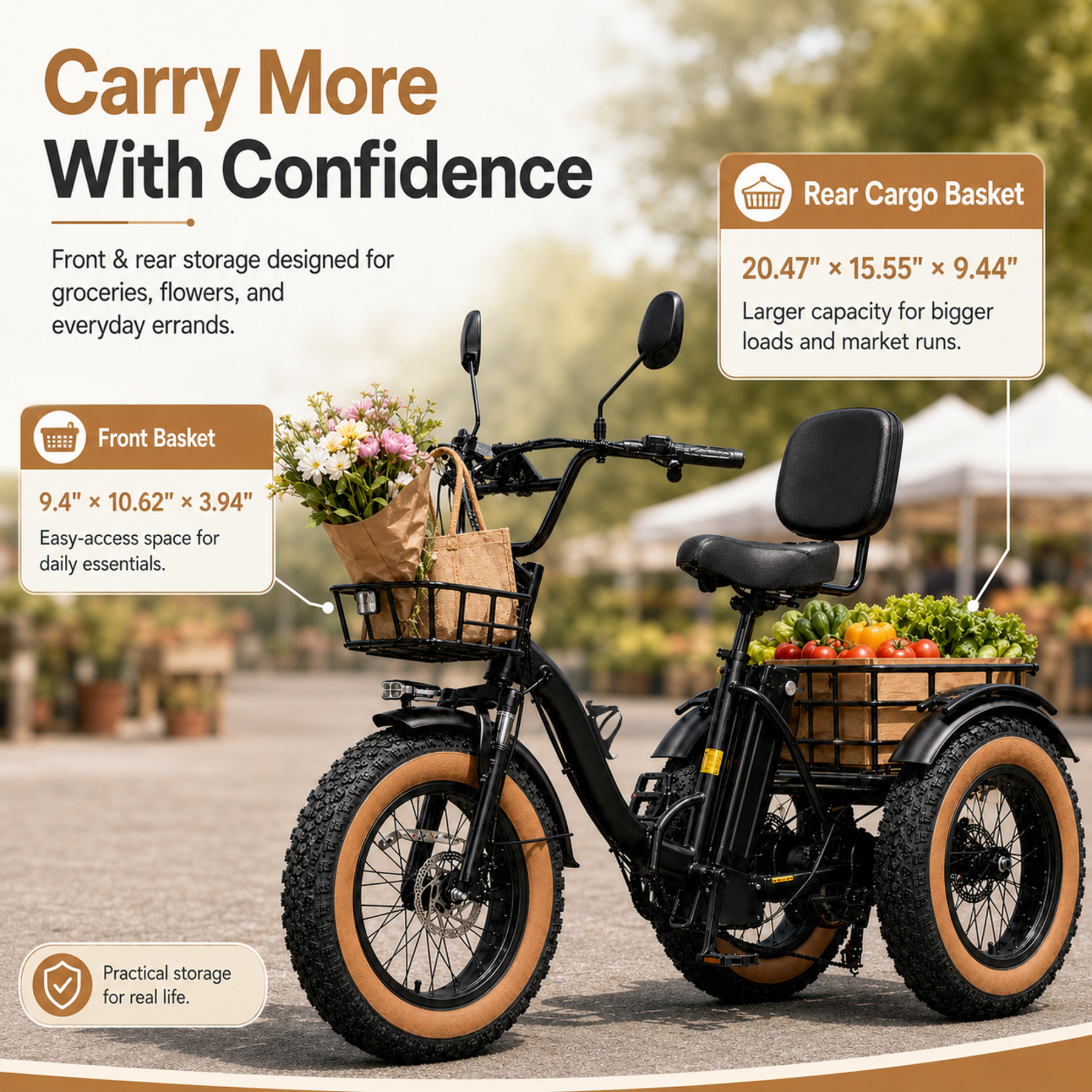 NOMIGO 750W Folding Electric Tricycle for Adults, 20" x 4.0" Fat Tires, 48V 16Ah Lithium Battery, Front Suspension, Front and Rear Baskets, Black