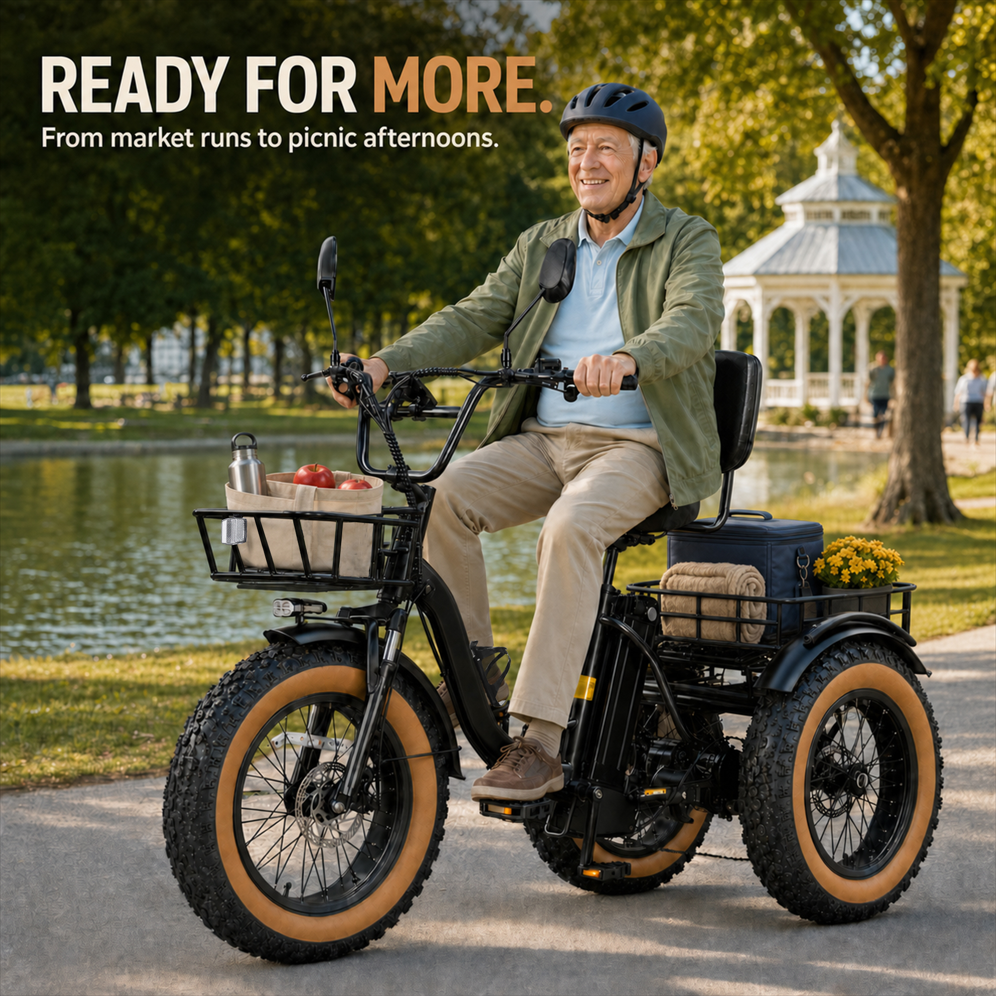NOMIGO 750W Folding Electric Tricycle for Adults, 20" x 4.0" Fat Tires, 48V 16Ah Lithium Battery, Front Suspension, Front and Rear Baskets, Black