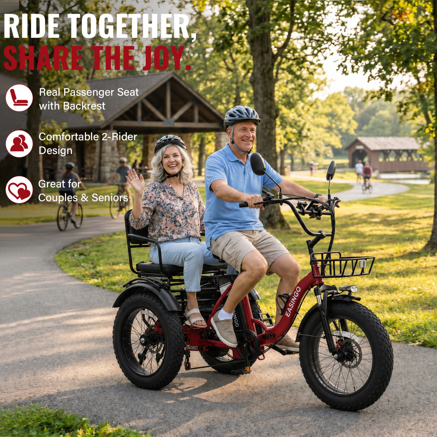 Adult Electric Tricycle, 500W motor, 48V 15.6AH battery, weight capacity 440 lbs, max form range 50 miles, max speed 18 mph， LED display, Two seats
