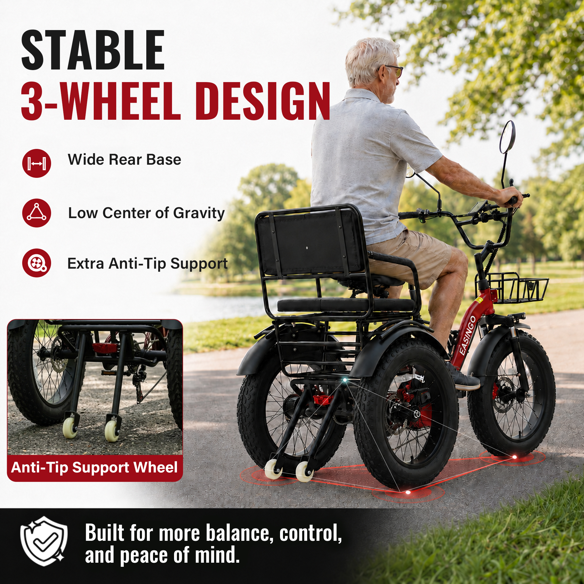 Adult Electric Tricycle, 500W motor, 48V 15.6AH battery, weight capacity 440 lbs, max form range 50 miles, max speed 18 mph， LED display, Two seats