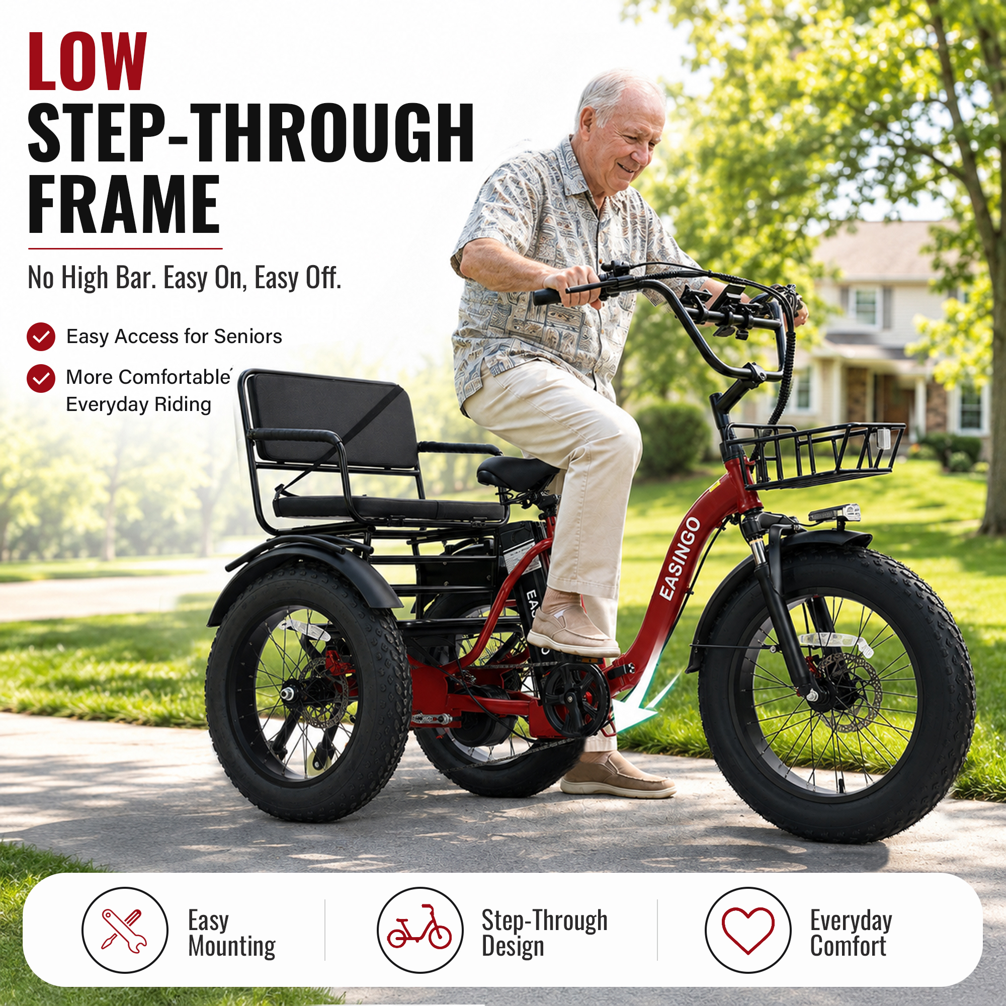 Adult Electric Tricycle, 500W motor, 48V 15.6AH battery, weight capacity 440 lbs, max form range 50 miles, max speed 18 mph， LED display, Two seats