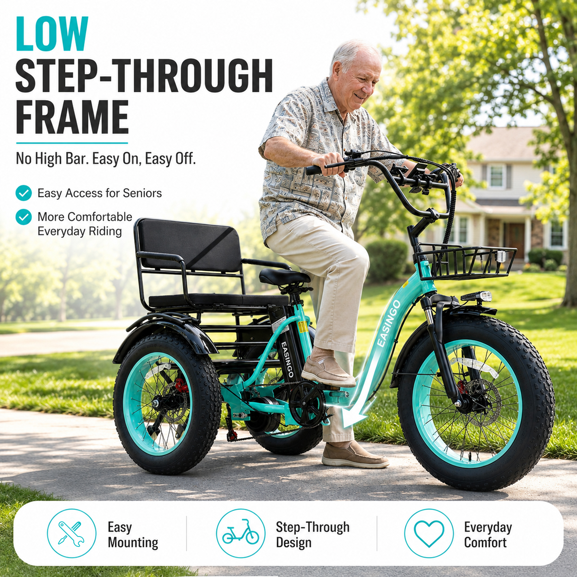 Adult Electric Tricycle, 500W motor, 48V 15.6AH battery, weight capacity 440 lbs, max form range 50 miles, max speed 18 mph， LED display, Two seats