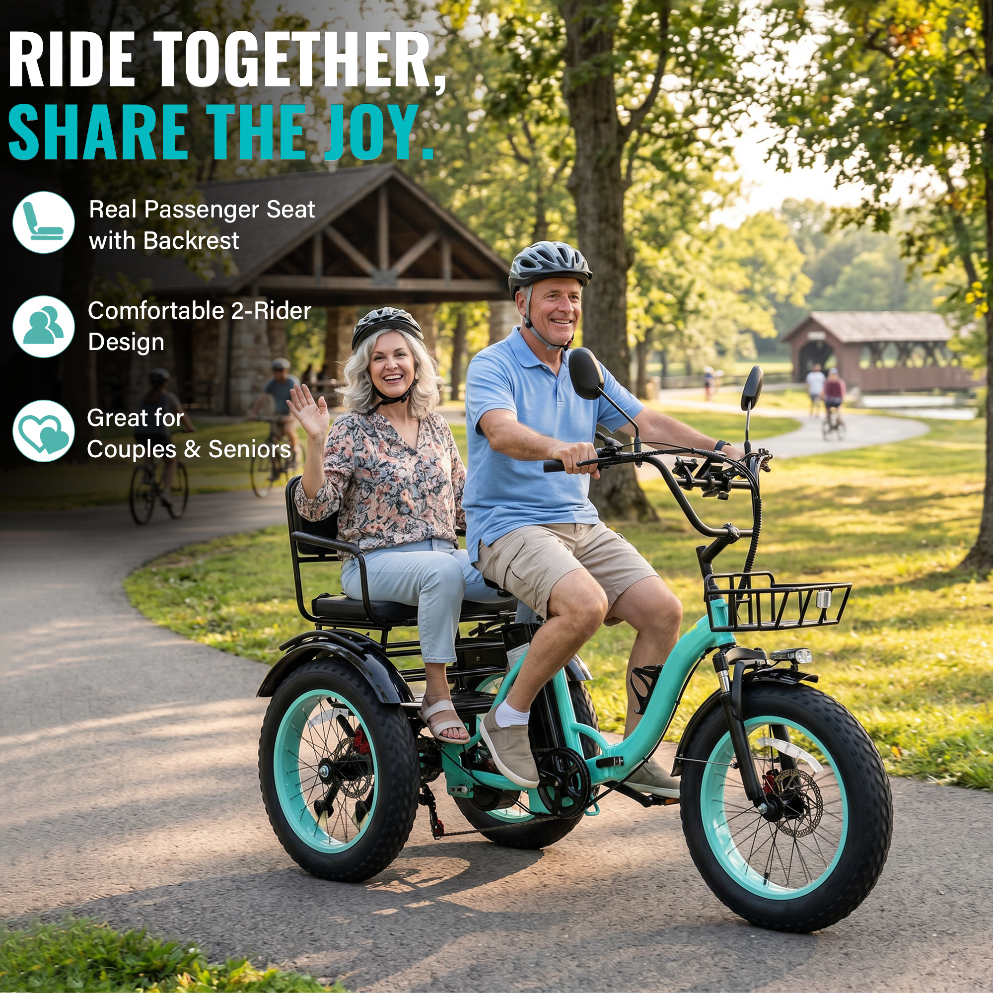 NOMIGO Two Seater Electric Tricycle 7 Speed 3 Wheel Electric Bicycle Max 20MPH 20*4.0" Fat Tire W/ 48V 15.6Ah Lithium Battery 750W Motor Electric Tricycle for Adults with 2 Baskets Green
