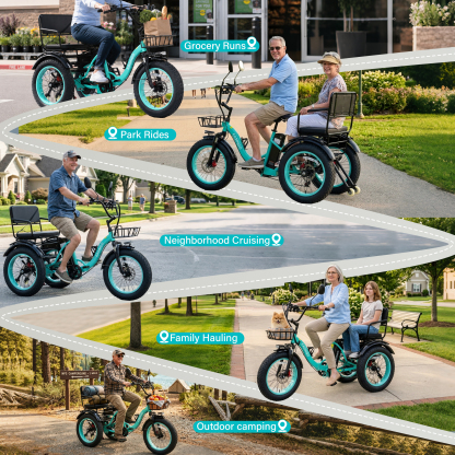 Adult Electric Tricycle, 500W motor, 48V 15.6AH battery, weight capacity 440 lbs, max form range 50 miles, max speed 18 mph， LED display, Two seats