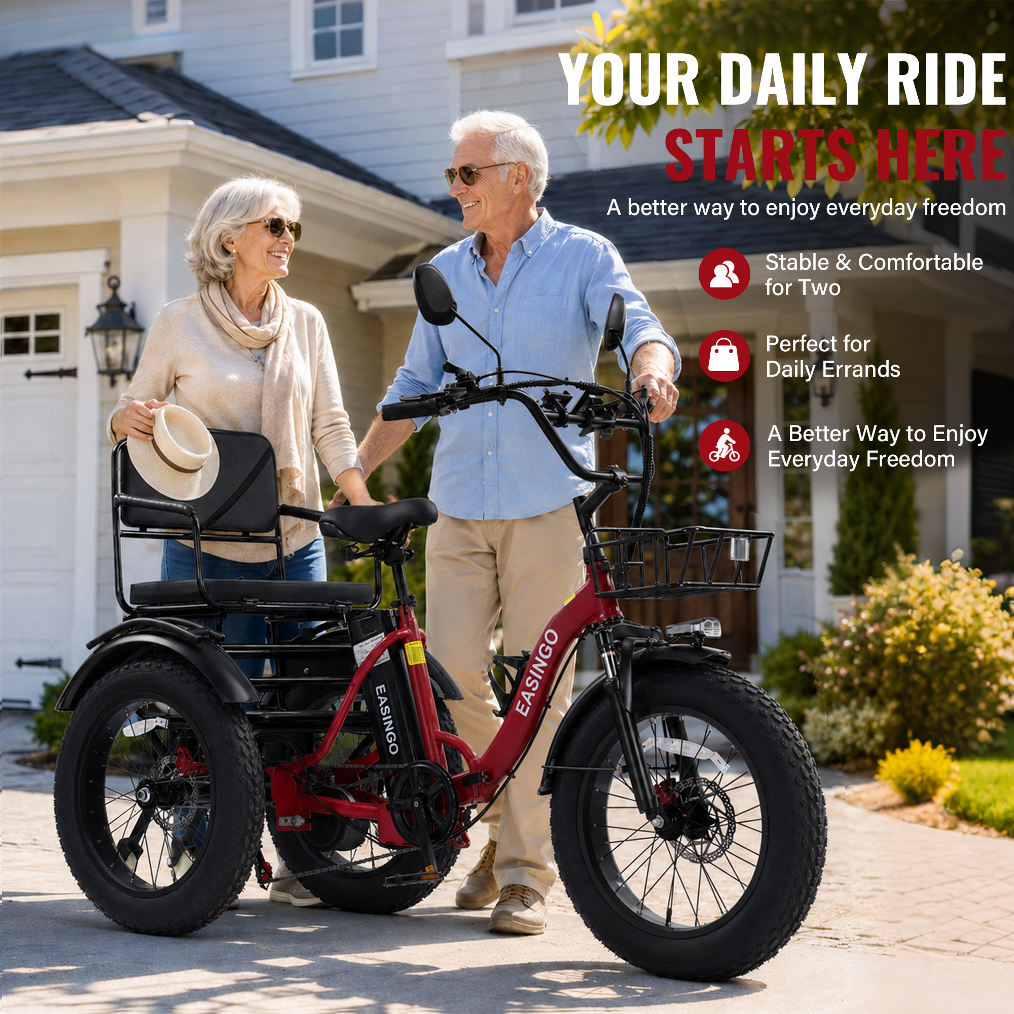 Adult Electric Tricycle, 500W motor, 48V 15.6AH battery, weight capacity 440 lbs, max form range 50 miles, max speed 18 mph， LED display, Two seats