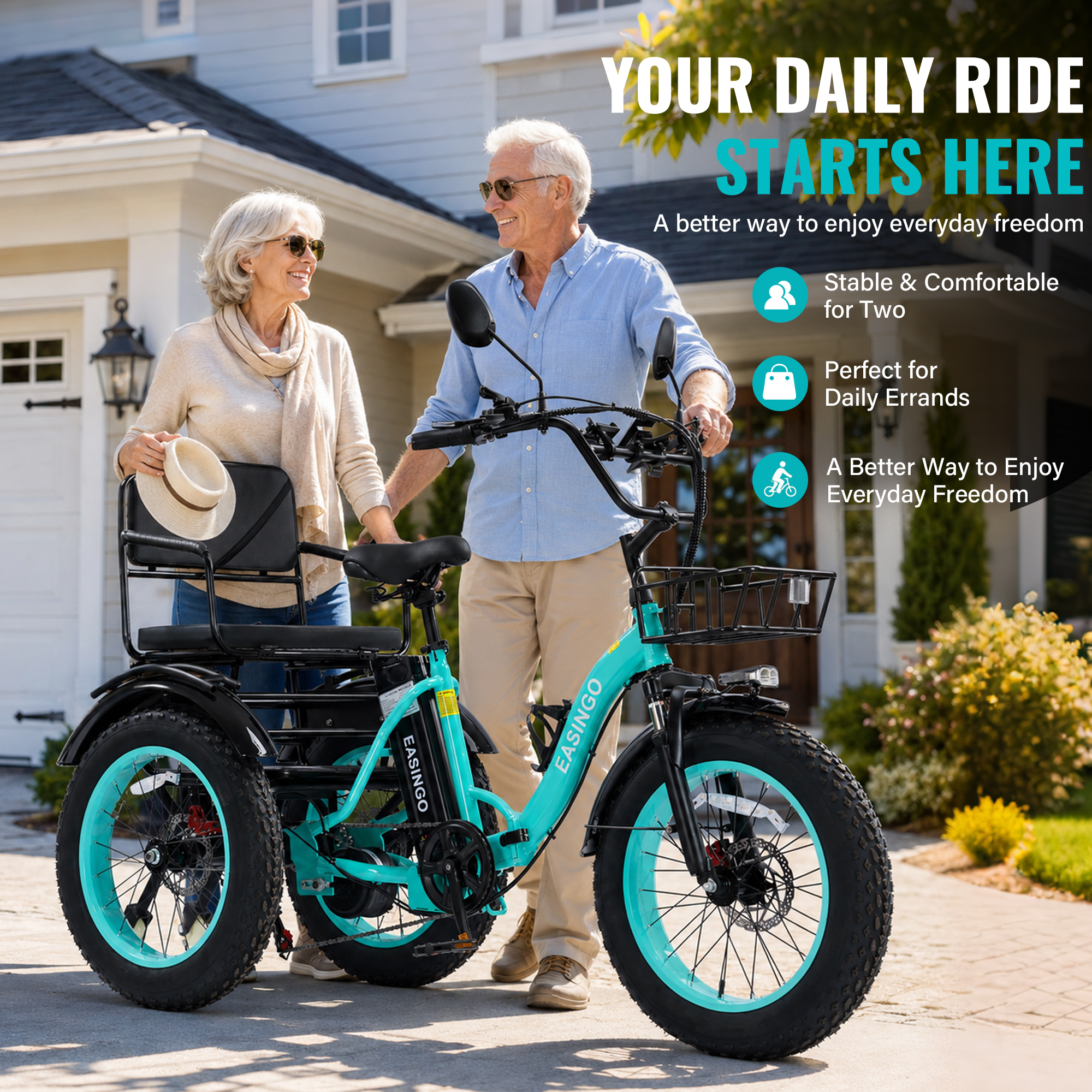 Adult Electric Tricycle, 500W motor, 48V 15.6AH battery, weight capacity 440 lbs, max form range 50 miles, max speed 18 mph， LED display, Two seats