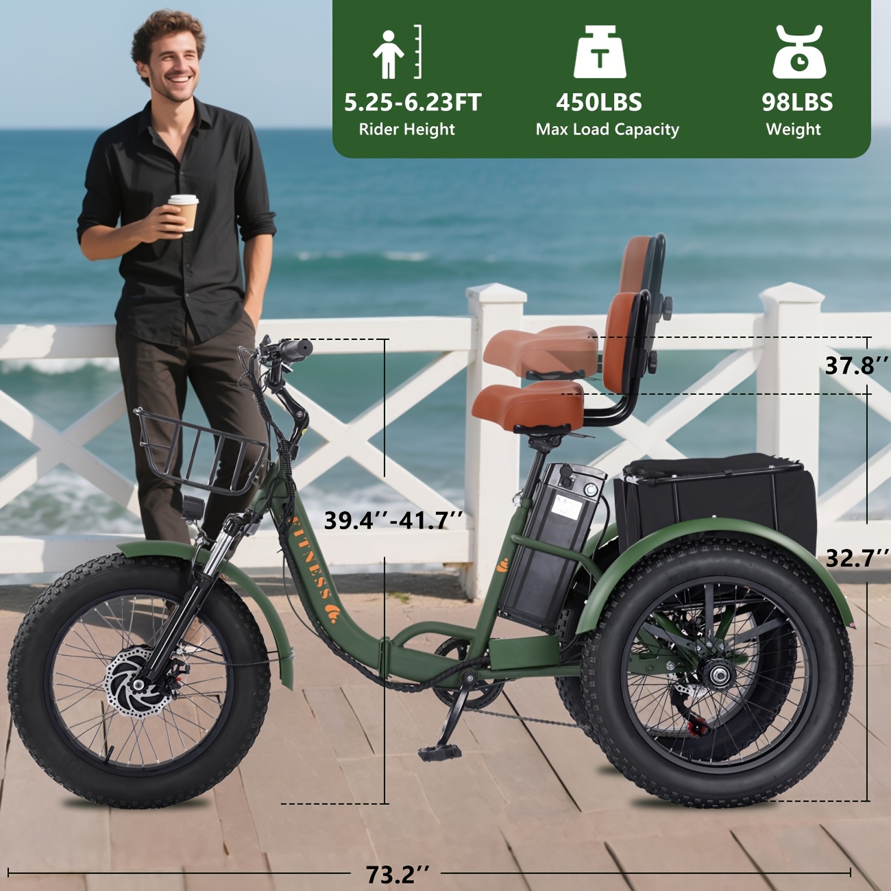 成人电动三轮车，峰值 500W 3 轮电动自行车，15AH 可拆卸电池，续航里程达 50 英里，最高时速 18/mph，带车篮，适合大部分人群，可载物，可用于户外郊游、露营等多种场景