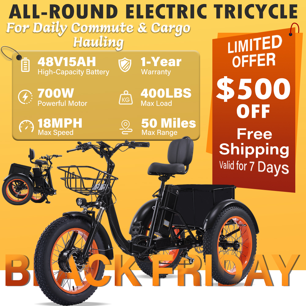 Adult electric tricycle, 700W folding electric tricycle, torque 60 Nm, senior tricycle, equipped with a large-capacity basket and removable 48V 15Ah battery, maximum load capacity 400 lbs, maximum speed 18 mph, range 50 miles.