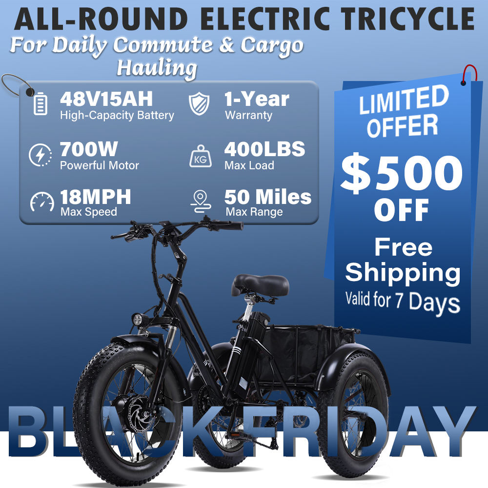 Adult Electric Tricycle, Peak 500W 3 Wheel Electric Bicycle, 15AH Remo