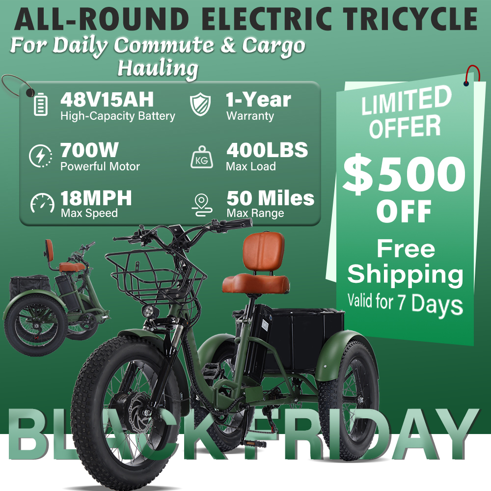 Adult electric tricycle, 700W folding electric tricycle, torque 60 Nm, senior tricycle, equipped with a large-capacity basket and removable 48V 15Ah battery, maximum load capacity 400 lbs, maximum speed 18 mph, range 50 miles.