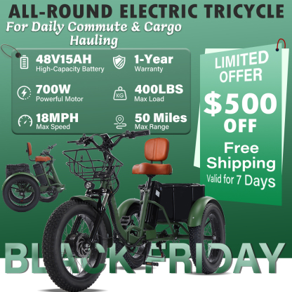 Adult electric tricycle, 700W folding electric tricycle, torque 60 Nm, senior tricycle, equipped with a large-capacity basket and removable 48V 15Ah battery, maximum load capacity 400 lbs, maximum speed 18 mph, range 50 miles.