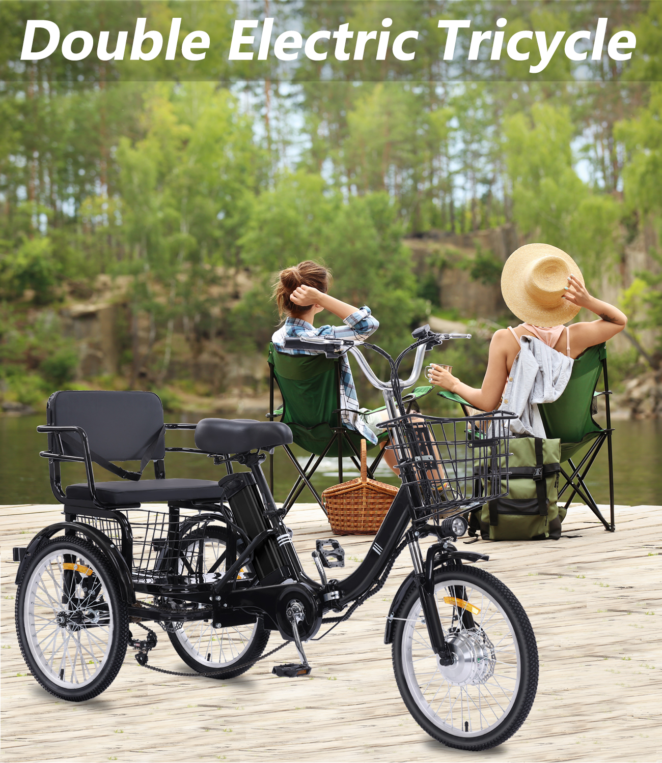 老年代步车，20 "轮胎3轮代步车，可带人的代步车，峰值功率 350W，带大容量储物架和后座，可承重 330 磅，13AH 可拆卸锂离子电池，续航里程 30 英里，15英里/小时，适合接送孩子、买菜、购物等多种场所