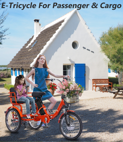 老年代步车，20 "轮胎3轮代步车，可带人的代步车，峰值功率 350W，带大容量储物架和后座，可承重 330 磅，13AH 可拆卸锂离子电池，续航里程 30 英里，15英里/小时，适合接送孩子、买菜、购物等多种场所