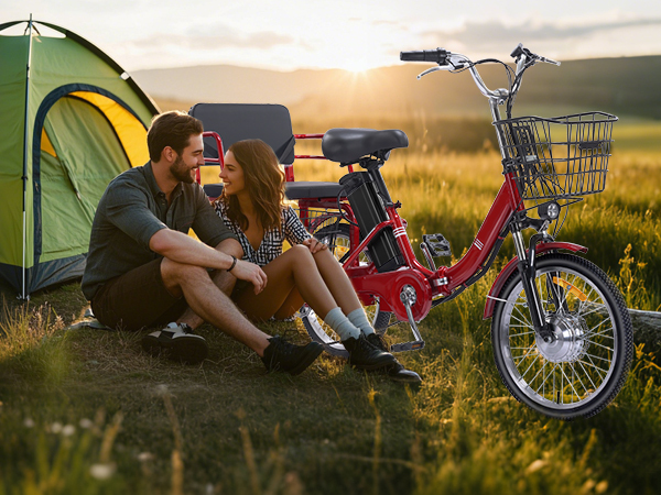 老年代步车，20 "轮胎3轮代步车，可带人的代步车，峰值功率 350W，带大容量储物架和后座，可承重 330 磅，13AH 可拆卸锂离子电池，续航里程 30 英里，15英里/小时，适合接送孩子、买菜、购物等多种场所