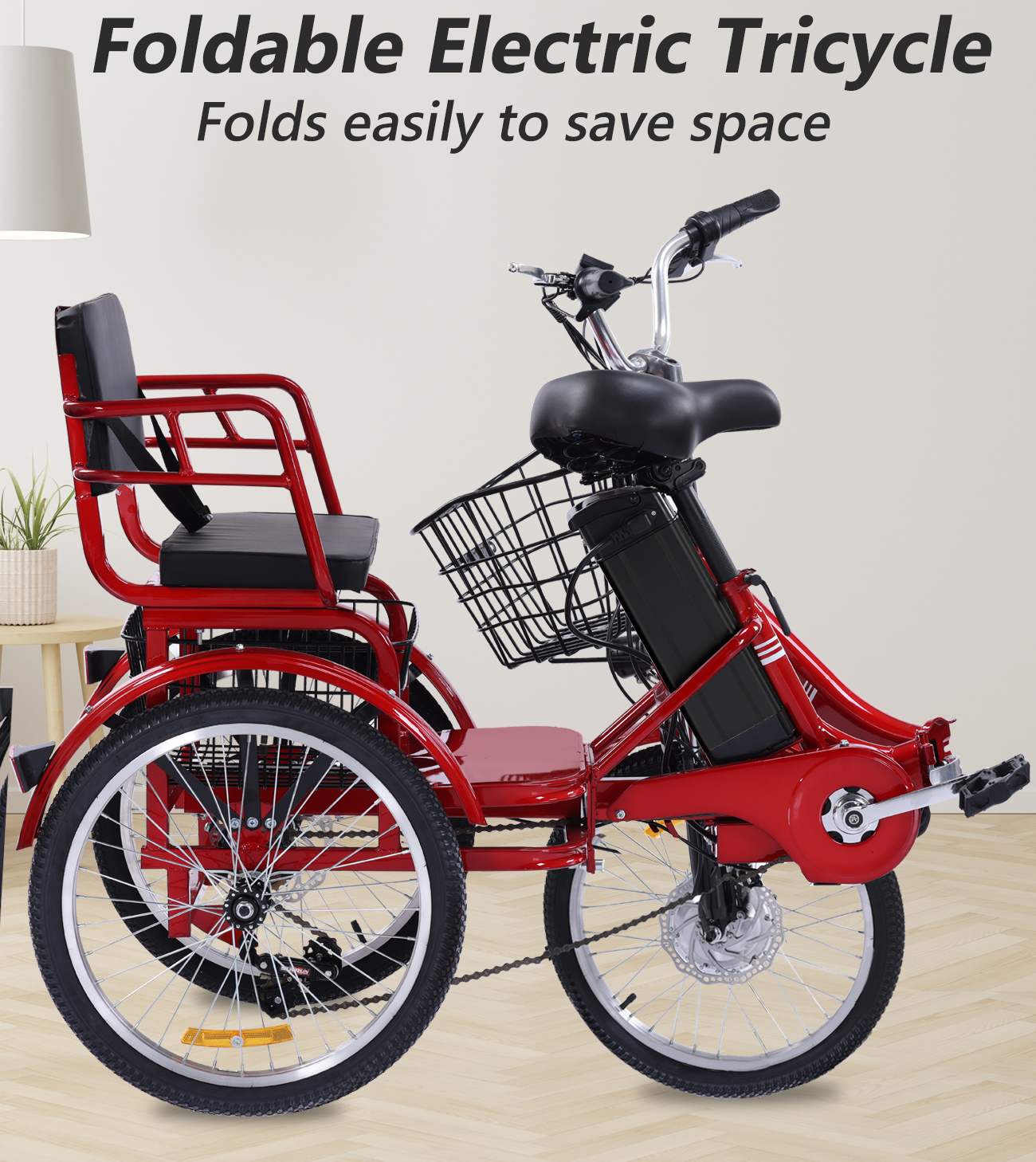 老年代步车，20 "轮胎3轮代步车，可带人的代步车，峰值功率 350W，带大容量储物架和后座，可承重 330 磅，13AH 可拆卸锂离子电池，续航里程 30 英里，15英里/小时，适合接送孩子、买菜、购物等多种场所