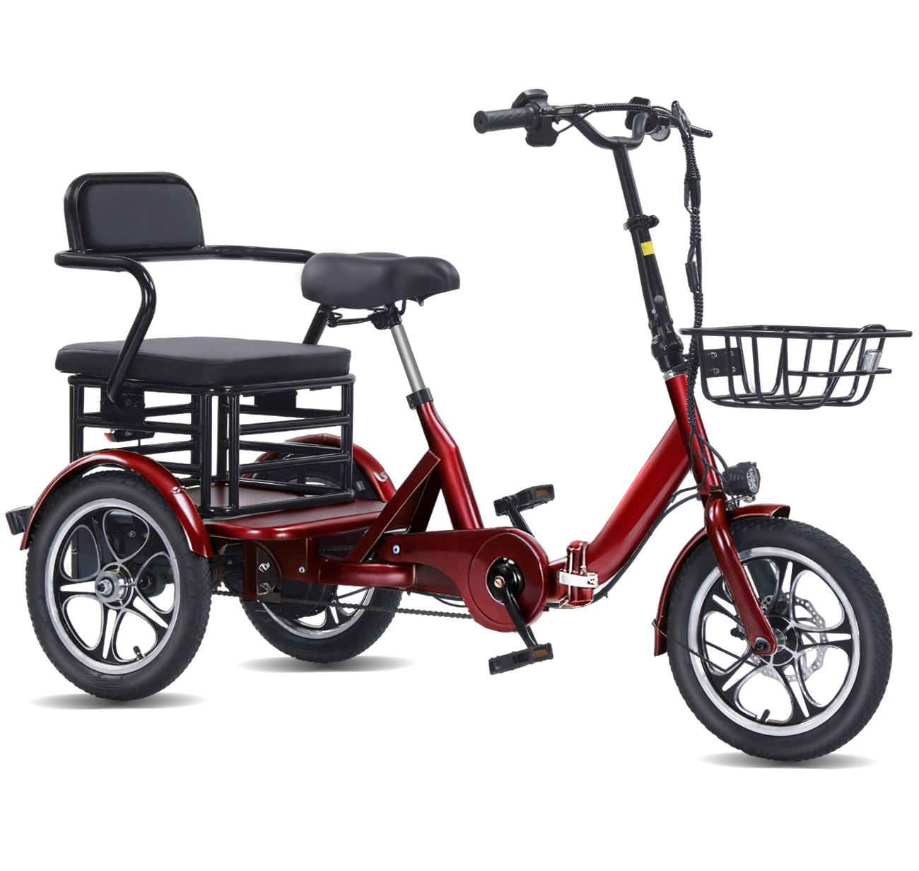 Valentine's Day Gift! Adult Foldable Dual-Rider Electric Tricycle, 500W motor, 48V 15AH battery, max load capacity 400 lbs, range up to 50 miles, top speed 18 mph, LCD dashboard, 20" x 4.0" wide tires, includes front basket and rear rack, easy assembly.
