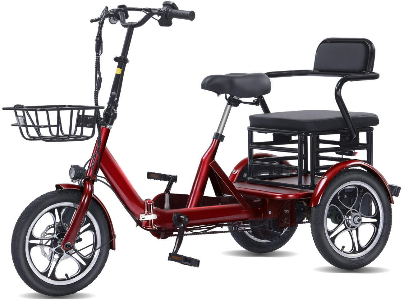 Valentine's Day Gift! Adult Foldable Dual-Rider Electric Tricycle, 500W motor, 48V 15AH battery, max load capacity 400 lbs, range up to 50 miles, top speed 18 mph, LCD dashboard, 20" x 4.0" wide tires, includes front basket and rear rack, easy assembly.