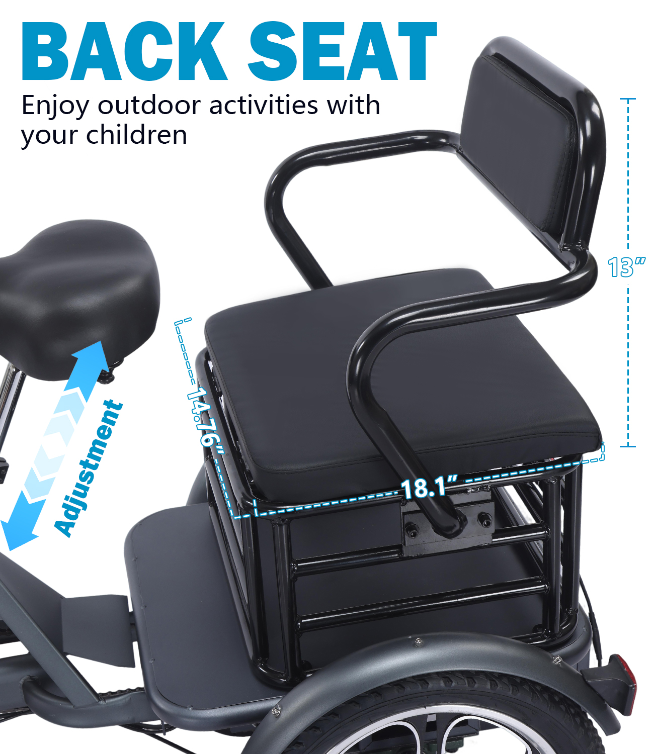 Valentine's Day Gift! Adult Foldable Dual-Rider Electric Tricycle, 500W motor, 48V 15AH battery, max load capacity 400 lbs, range up to 50 miles, top speed 18 mph, LCD dashboard, 20" x 4.0" wide tires, includes front basket and rear rack, easy assembly.