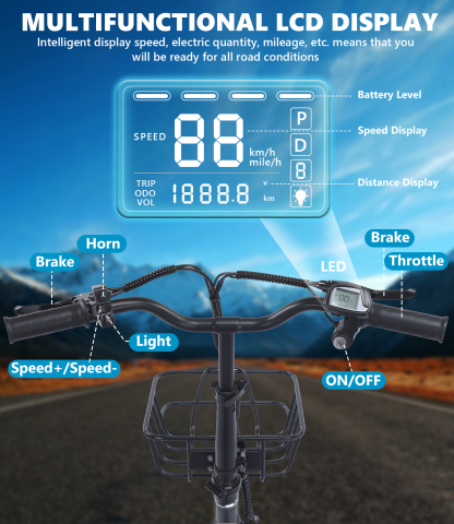 Valentine's Day Gift! Adult Foldable Dual-Rider Electric Tricycle, 500W motor, 48V 15AH battery, max load capacity 400 lbs, range up to 50 miles, top speed 18 mph, LCD dashboard, 20" x 4.0" wide tires, includes front basket and rear rack, easy assembly.