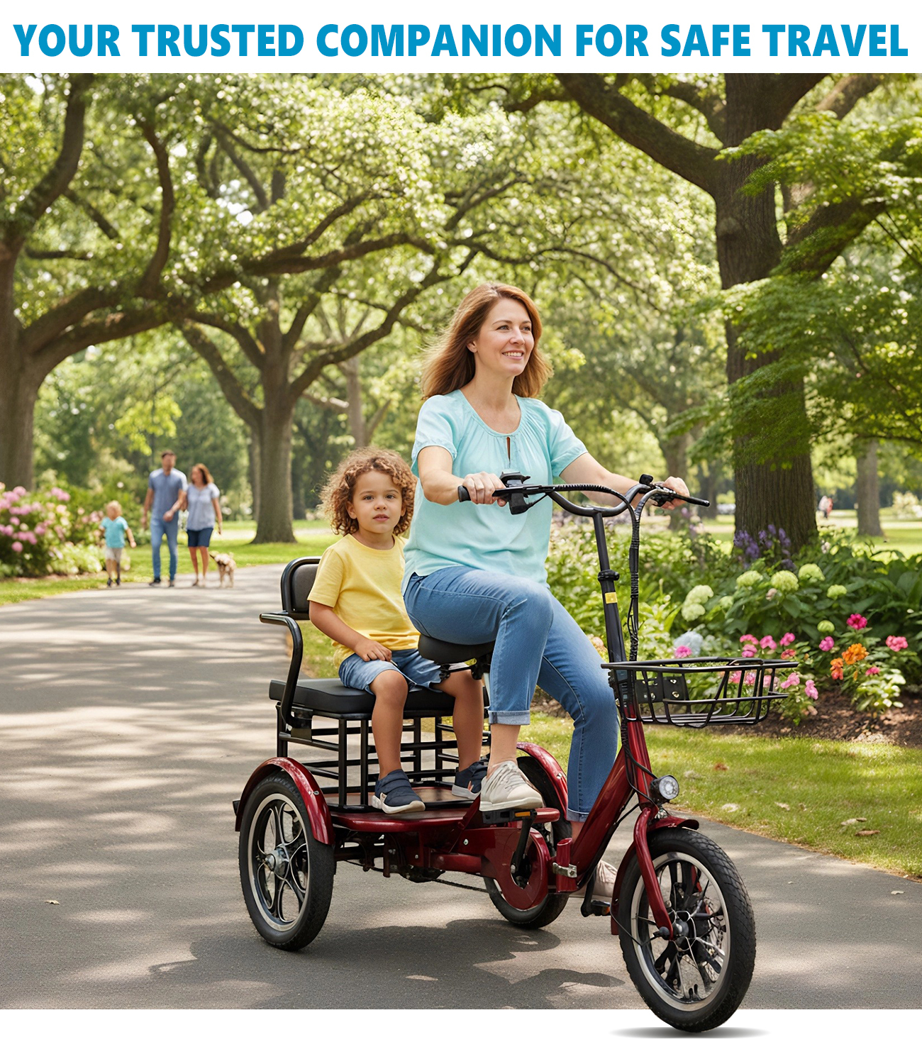 Valentine's Day Gift! Adult Foldable Dual-Rider Electric Tricycle, 500W motor, 48V 15AH battery, max load capacity 400 lbs, range up to 50 miles, top speed 18 mph, LCD dashboard, 20" x 4.0" wide tires, includes front basket and rear rack, easy assembly.