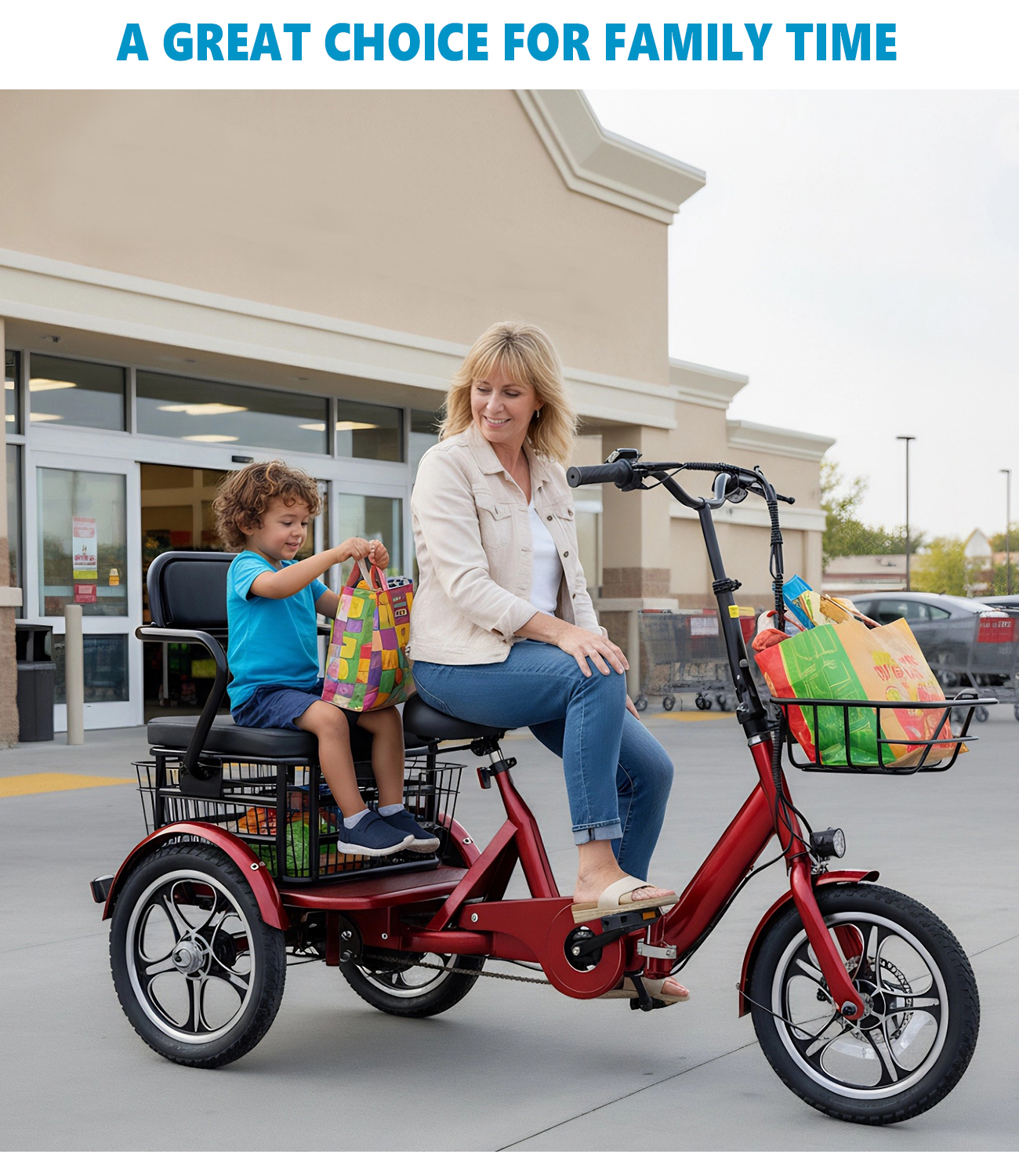 Valentine's Day Gift! Adult Foldable Dual-Rider Electric Tricycle, 500W motor, 48V 15AH battery, max load capacity 400 lbs, range up to 50 miles, top speed 18 mph, LCD dashboard, 20" x 4.0" wide tires, includes front basket and rear rack, easy assembly.