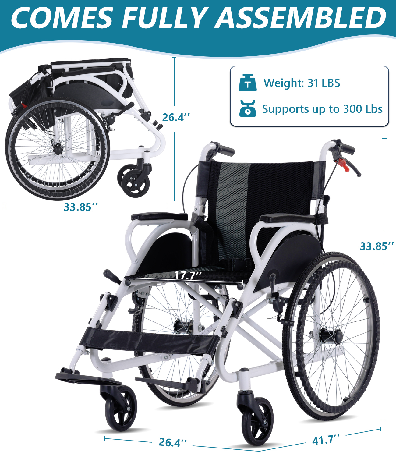  Foldable hand-push, self-propelled wheelchair, portable wheelchair for adults and seniors, 30 lbs. net weight, 230 lbs. load capacity, with footrests, large size wheels, double hand brakes.